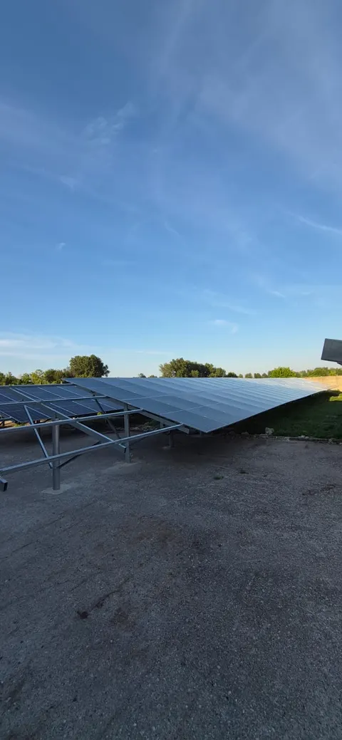 Rând de panouri fotovoltaice la sol, lângă o zonă cu vegetație